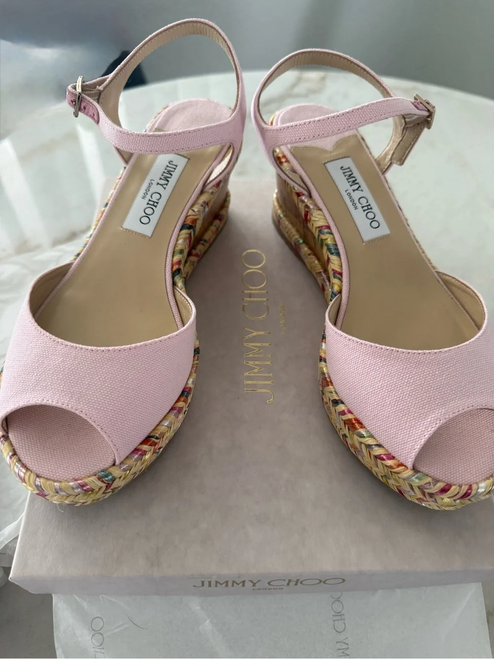 Jimmy Choo Perla 70 Pale Pink Espadrille Wedge Sandals